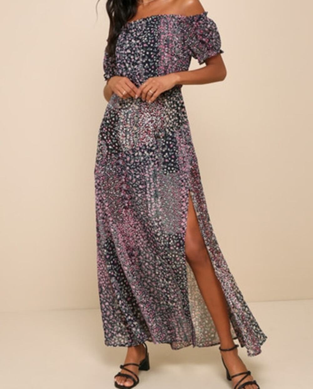 Lulus Neva Navy Blue Floral Print Off The Shoulder Maxi Dress Size S